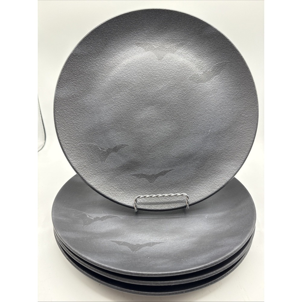 (4) Mesa Brasil Happy Halloween Black Bat‎ Dinner Plates ~ New ~